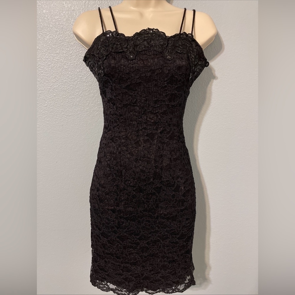 Jessica McClintock Gunne Sax Black Lace Sequin Midi Dress Gothic Romantic 9/10